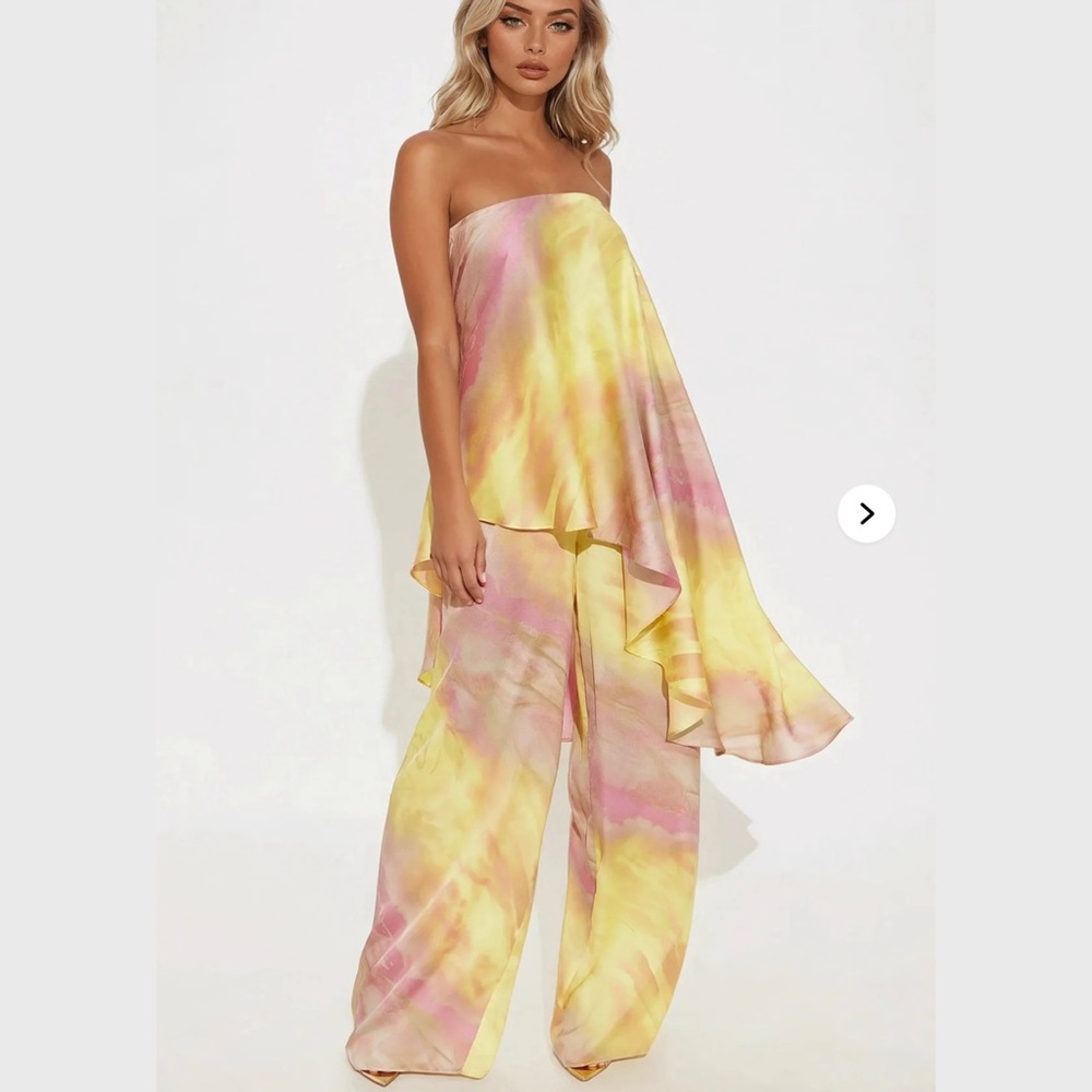 Fashion Nova - Janessa Satin Tie Dye Jumpsuit - Yellow/combo - Size Medium - NWT